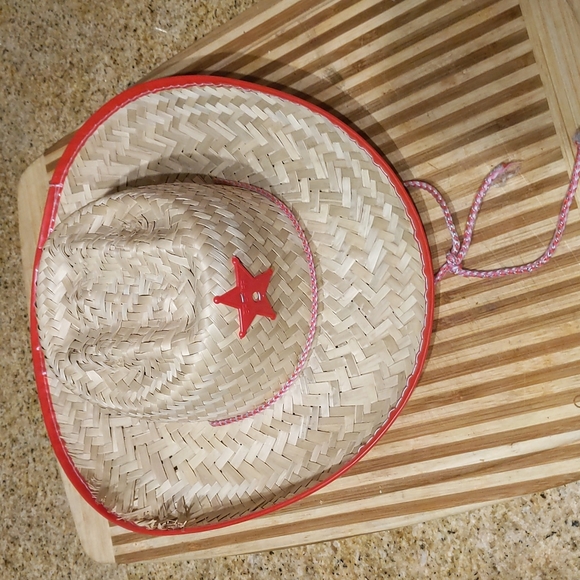 Red trimmed womens straw cowboy hat with chinstrap - Picture 4 of 4